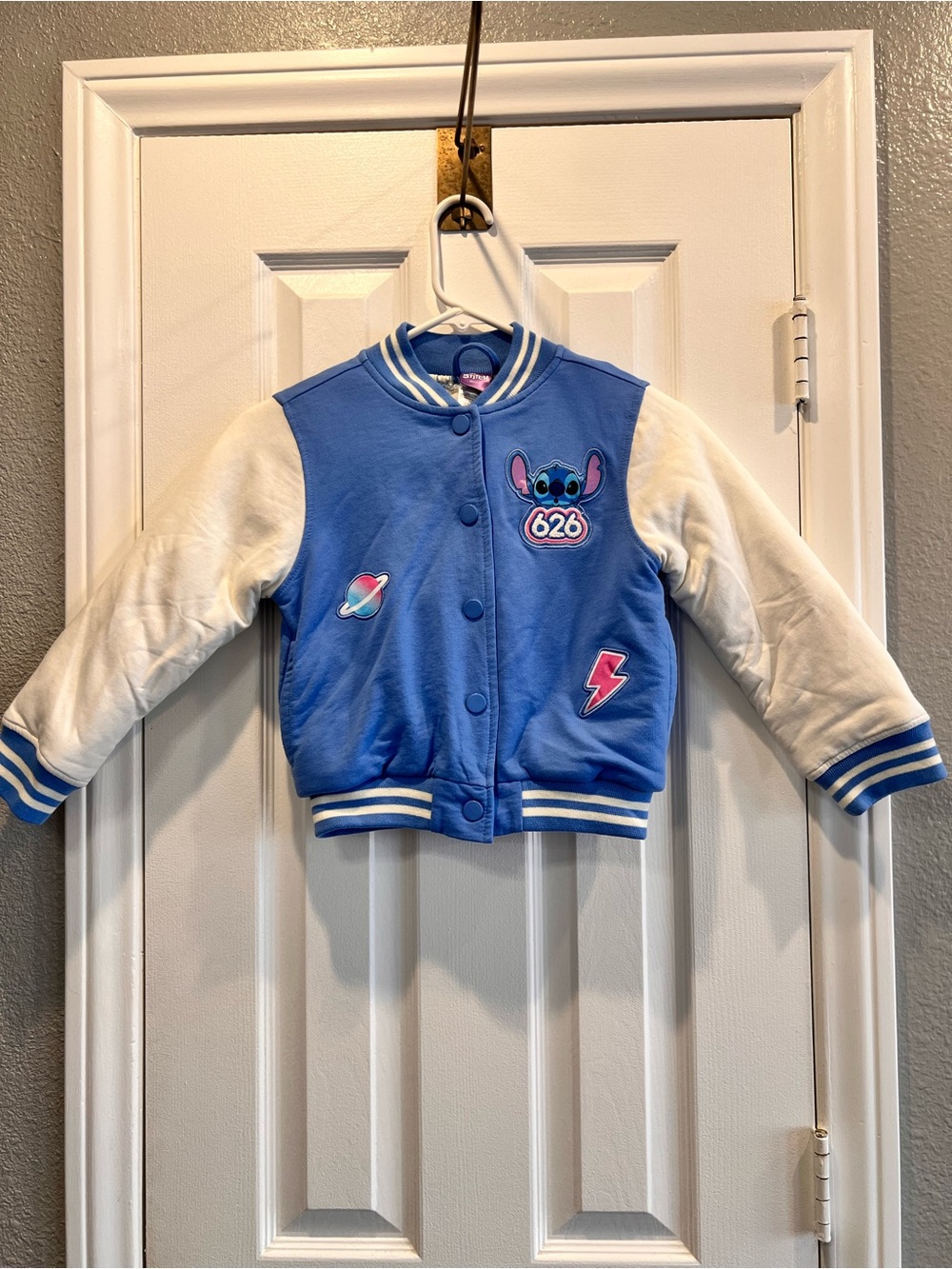 Disney Lilo & Stitch Kids Varsity Bomber Jacket Blue White Size 6 Patch Coat